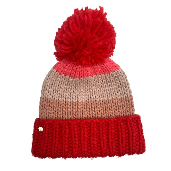 Kate Spade New York Pom‎ Pom Beanie Hat Striped Wool Blend Red Pink - Picture 2 of 7